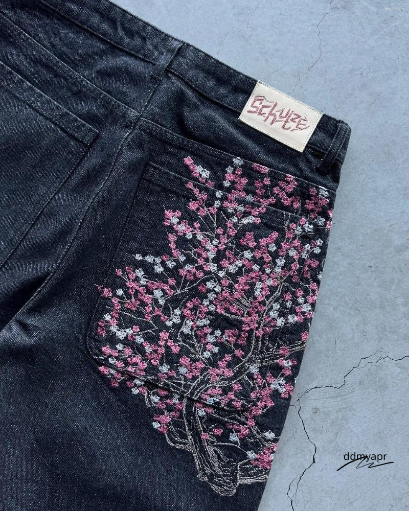 Men's Shorts Fashion Cherry Blossom Pocket Embroidery ddmyday Jeans Men Women Retro Baggy Black Denim Short Jorts Hip Hop Streetwear Pants