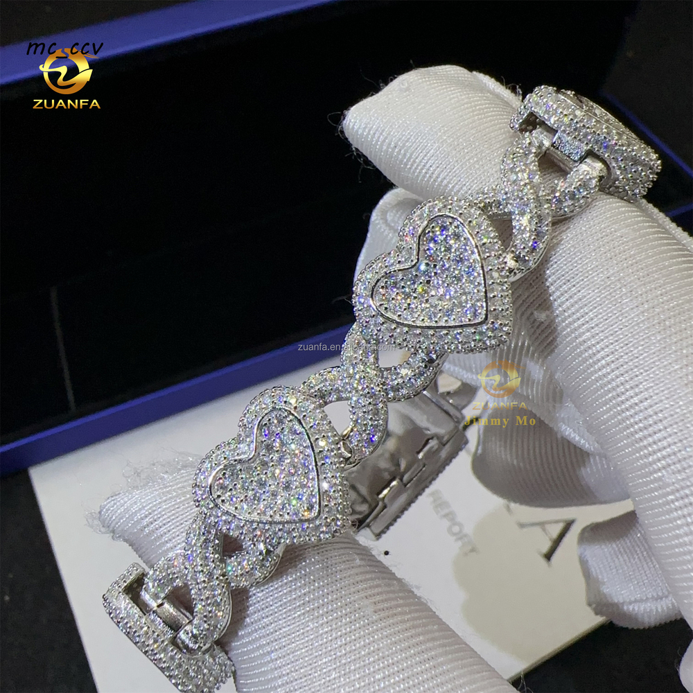 GRA Certificate Prong Setting Rhodium Plated White Iced Out Jewelry VVS1 Moissanite Diamond Heart Shape Hip Hop Cuban Bracelet