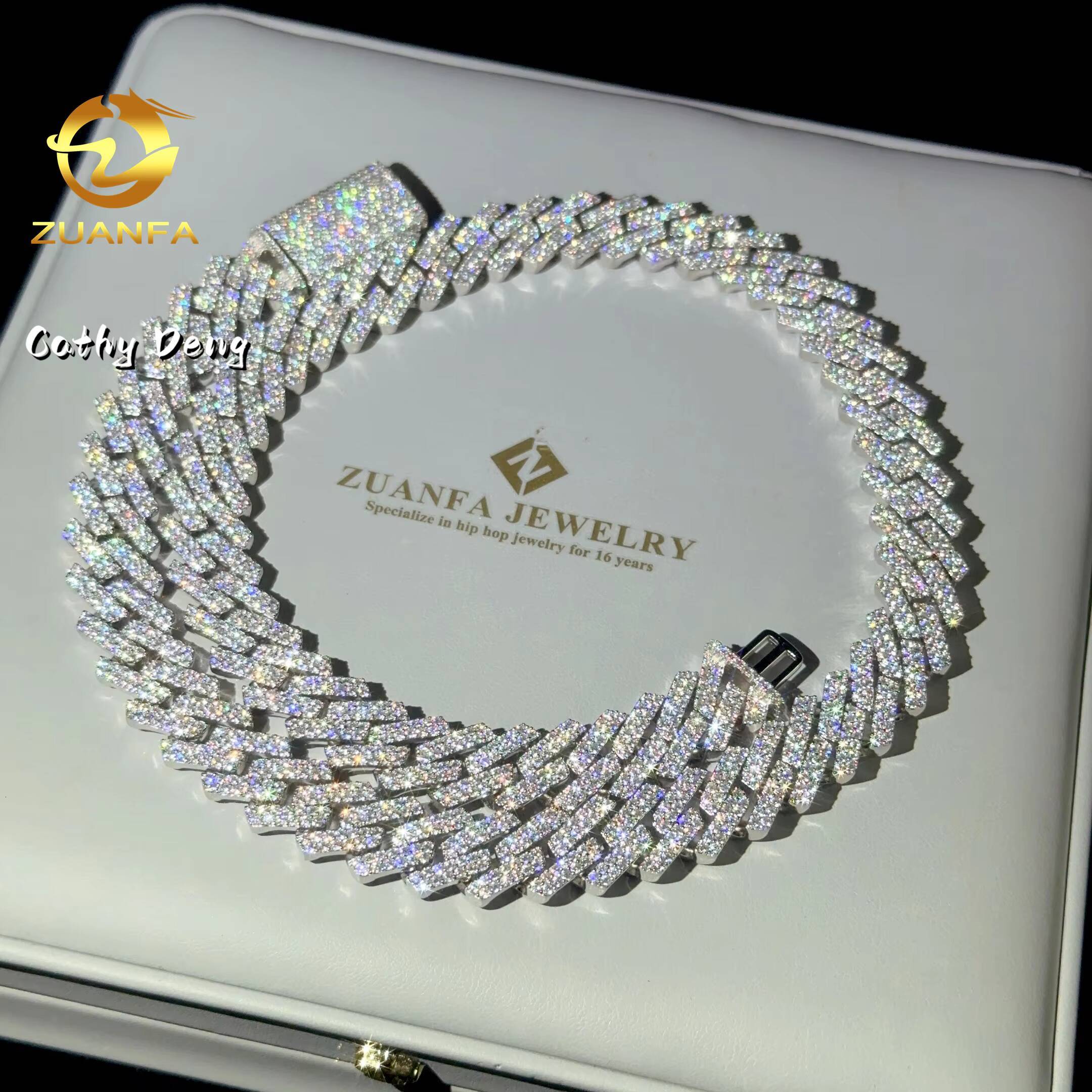 Wholesale 2 Row 15mm Round Cut Moissanite Cuban Chain Bling 925 Sterling Silver Iced Out Miami Cuban Link Chain Bracelet