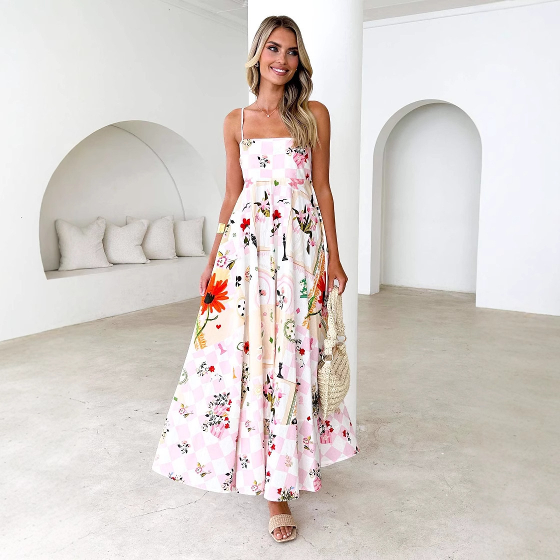 2025 Womens Summer Fashion Printed Backless Strap Sexy Flared High Waist Dress