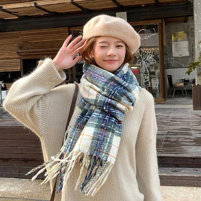 2025 New Korean Style Faux Cashmere Scarf Wr Winter Elegant Plaid Warm Shl Cute Versatile NeckwearXJ250905