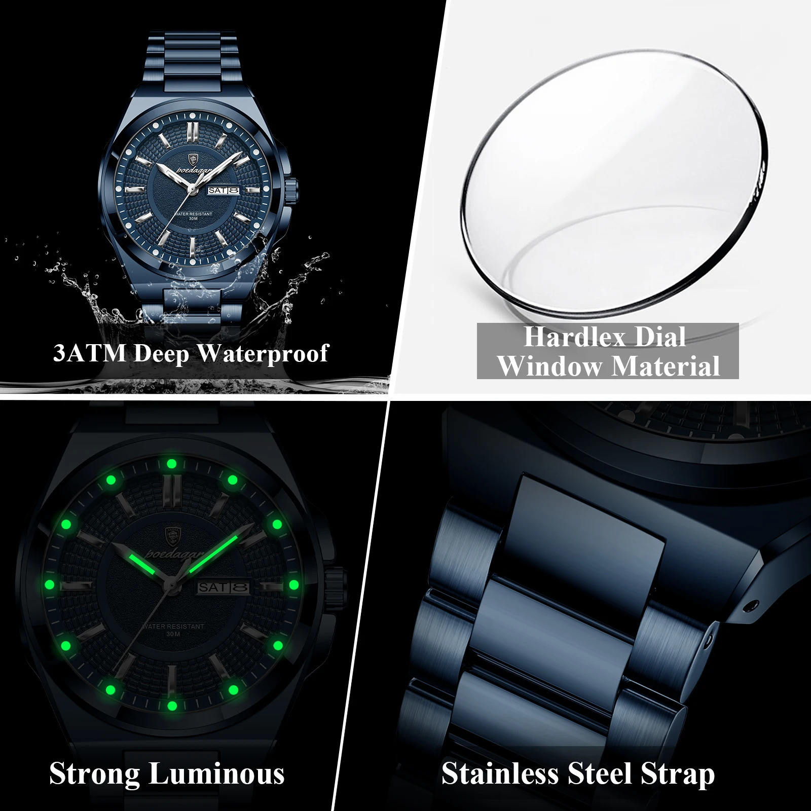 POEDAGAR Fashion Classic Men Wristwatches Stainless Steel Waterproof Luminous Man Watch Date Week Quartz Business Mens Watches 250828