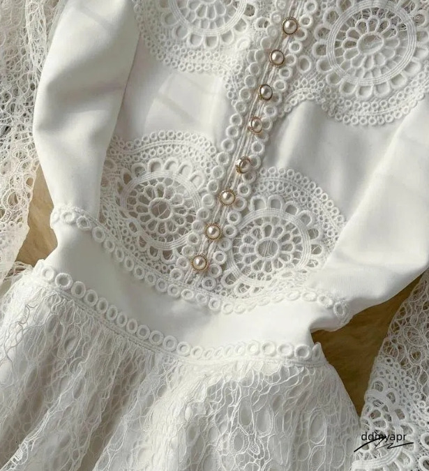 Summer Casual Dresses Vintage Flower Embroidery Hollow Out Lace White Dress Womens Stand ddmyday Collar Long Lantern Sleeve Pearls Buttons Party Vesti