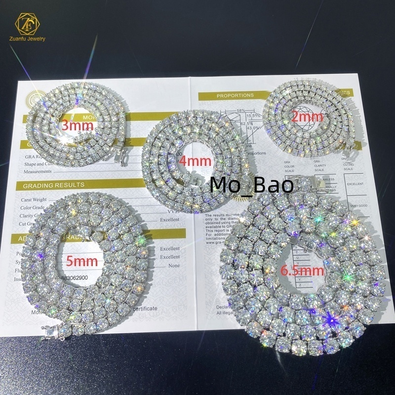 New Arrival Iced Out D Color 2MM 3MM 4MM 5MM 65MM VVS Moissanite Diamond 925 Sterling Silver Tennis Chain Necklace for Men