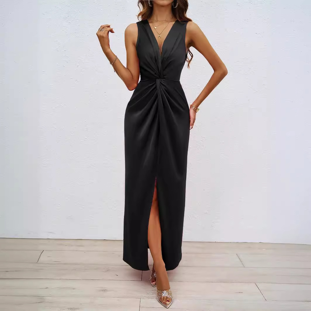 2024 Summer Womens Elegant Twist Sleeveless Vneck Split Slim Fit Dress