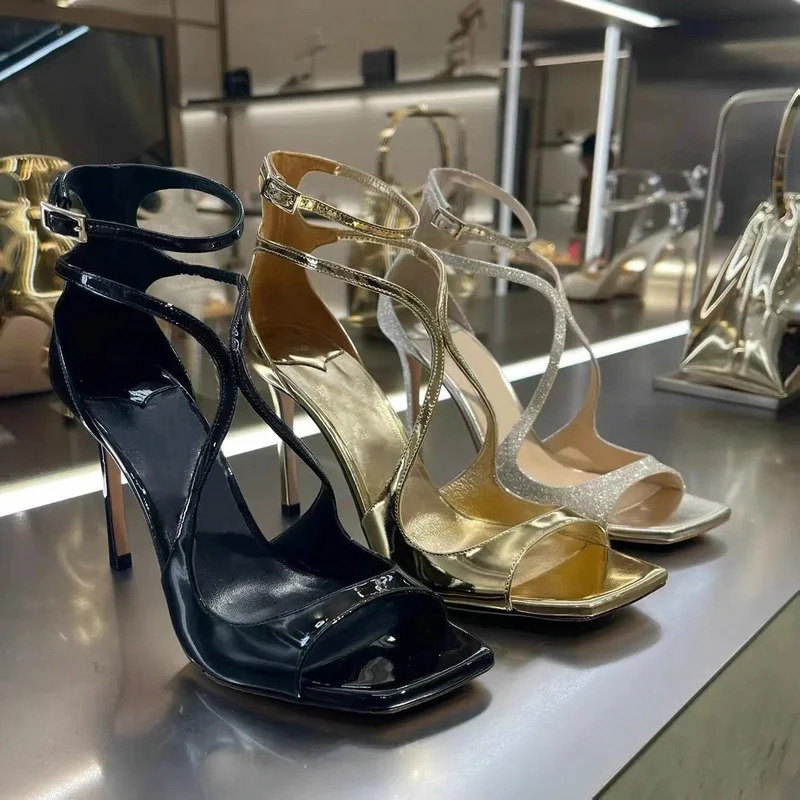 Summer Women Fish Mouth Gold Thin Heels Open Toe Sexy High A Line Buckle Square Head Sandals 250905