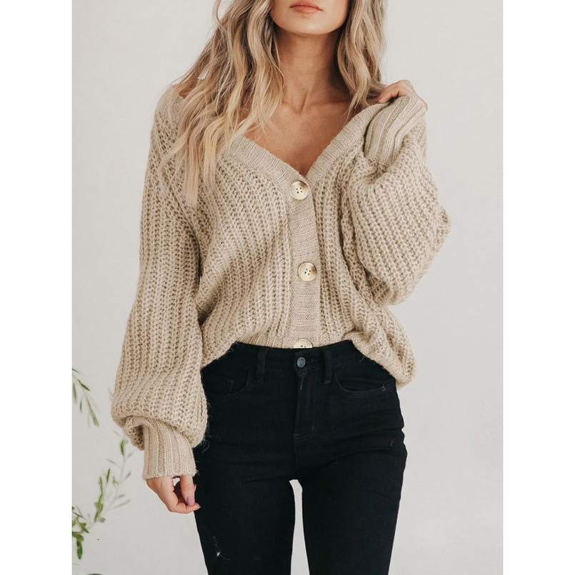Women's Chunky Knit Open Front Sweater Long Sleeve Button Loose Short Cardigan Outerwear Coats
