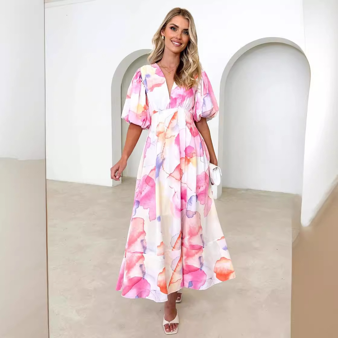 Womens Summer New Floral Print Puff Sleeve Aline Long Dress Elegant Dress