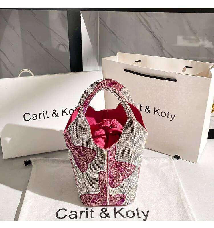 Glitter Shiny Rhies Dia Evening Clutch Purse Cute Cartoon Bow Knot Printing Bucket Women's Handbag Shoulder Bag
