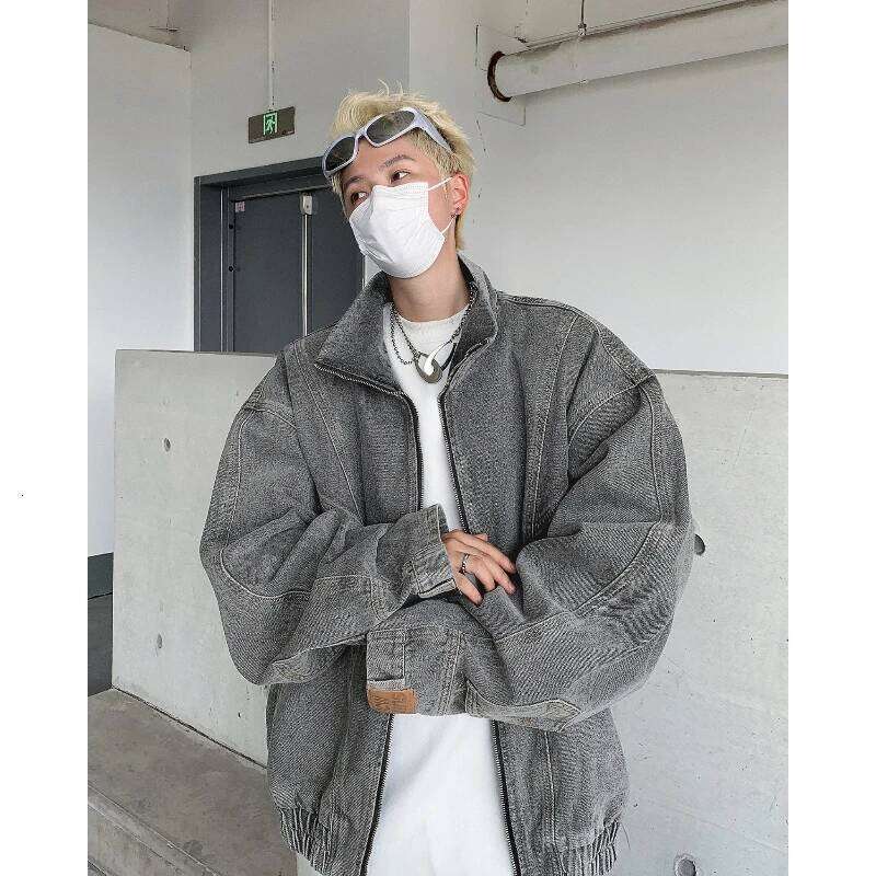 Retro Inverted Label Denim Jacket Mens Autumn Heavy Weight Washed Tooling Cowboy Coats Multi Pocket Stand Collar Hip Hop Outwear