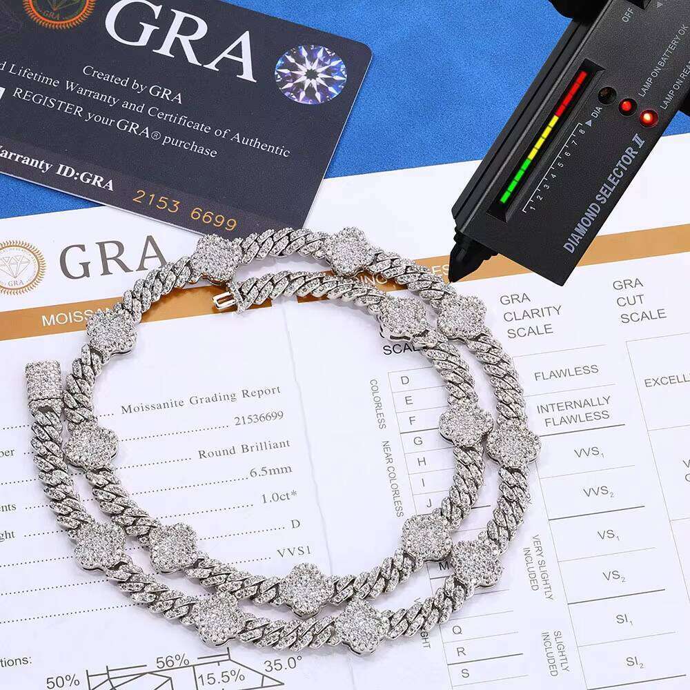 Sier Link Chain VVS D Color Moissanite Jewelry Necklace Custom Clover Cuban Hip Hop Ice Style for Men