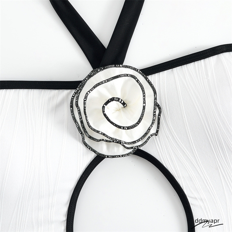 Elegant Halter ddmyday One Piece Swimsuit, Cut - Rose Embellished Bathing Suit, Black & White Contrast Swimwear Hollow Out Monokini Beachwear