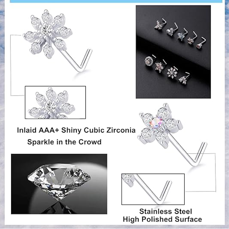 9Pcs Nose Rings Stud L Bone Screw Shaped Nose Ring Flower CZ Snowflake Butterfly Nose Stud Body Piercing Jewelry for Women Men 20G Silver Tone