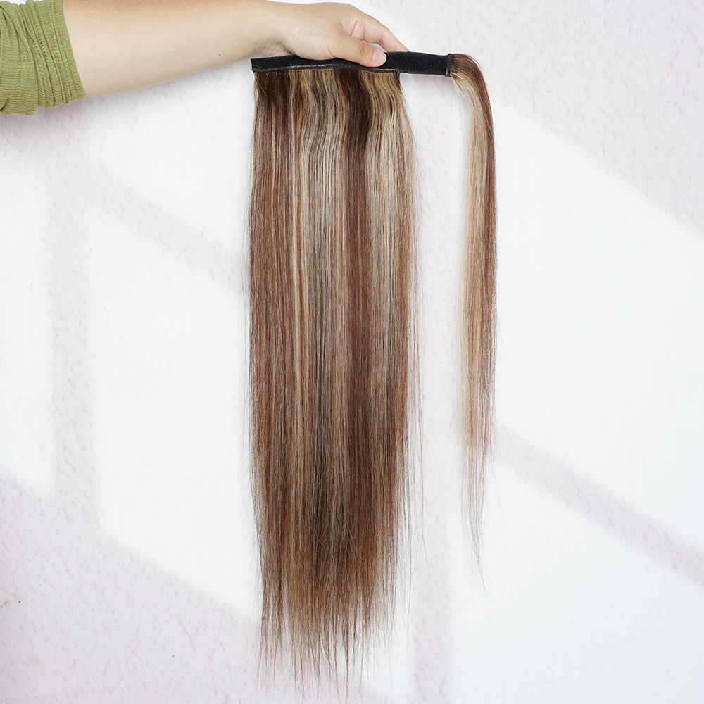 Ponytail Human Hair Straight 120g Extensions Remy Hair 12-24inch Ombre Brown Ponytail for Women