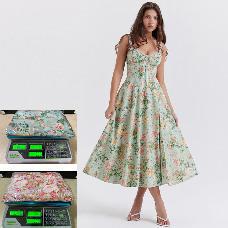 Womens Fashion 2024 Spring Summer New Sexy Strap Spliced Printed Tie Big Hem Dress