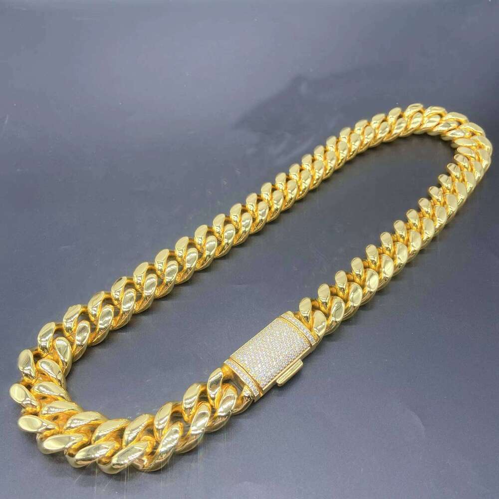 Luxurious Iced Cuban Chain 12-14mm Silicon Stone Sier Necklace Men's Hip Hop Gift 16k Gold Plated