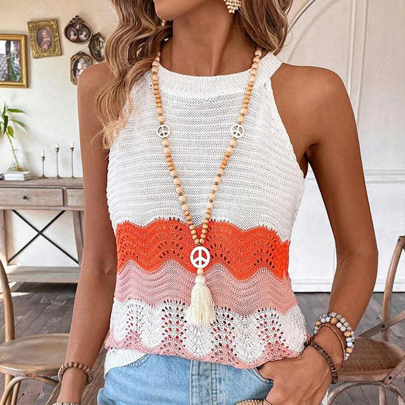 Designer Clothing Women's Knitted Sweater Contrast Color Hollow Vest