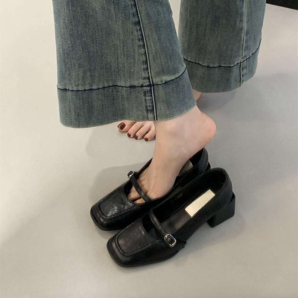 Squ Toe High Heels Shallow Mouth Single for Women Spring and Autumn New French Elegant Evening Style Chunky Heel Mary Jane Leather Shoes