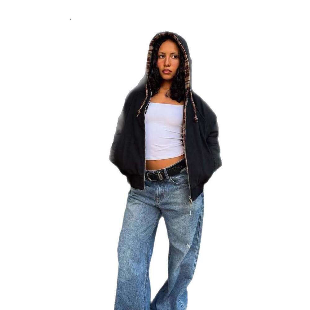 2025 New Double-Sided Hooded Zipper Sweatshirt Autumn Winter American Plaid Patchwork Cardigan Top for Men and Women