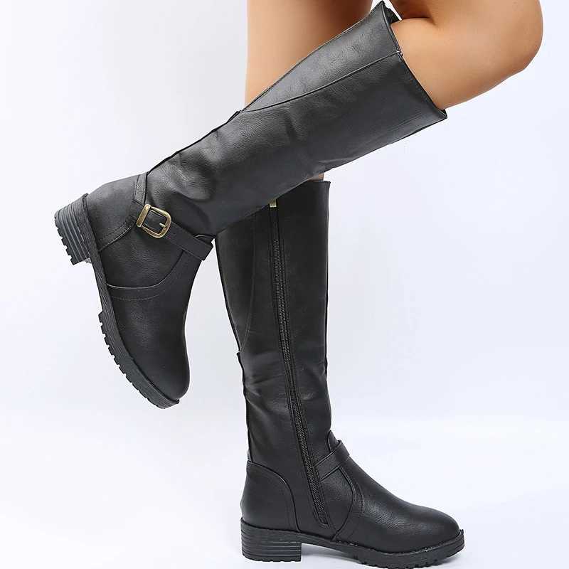 Vintage Brown Women Knee High Boots Big Size Low Heels Platform Long Boots Autumn Winter Pu Leather Women Warm Booties L250905