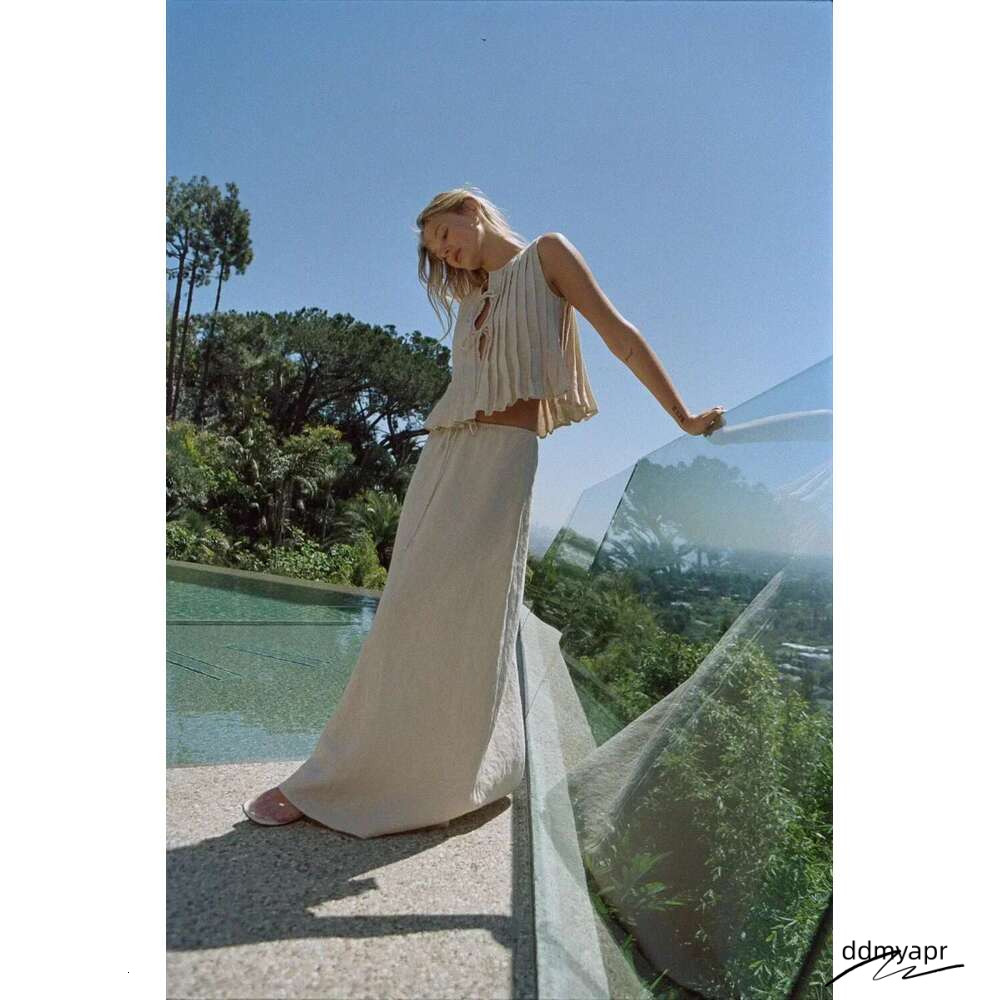 Linen Attire: Women's Long White Summer Dress Set ddmyday - Sleeveless Cotton Top & Elegant Skirt For Holiday Or Beach ddmyday ddmyday ddmyday