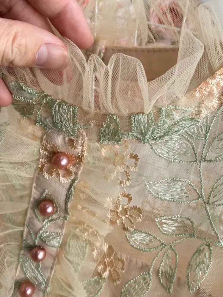 2025 New Luxury Mesh Lace Embroidered Flower design Dress Summer New Women's Long Sleeve Flower Embroidered Ruffle Office Party Midi Dress Design