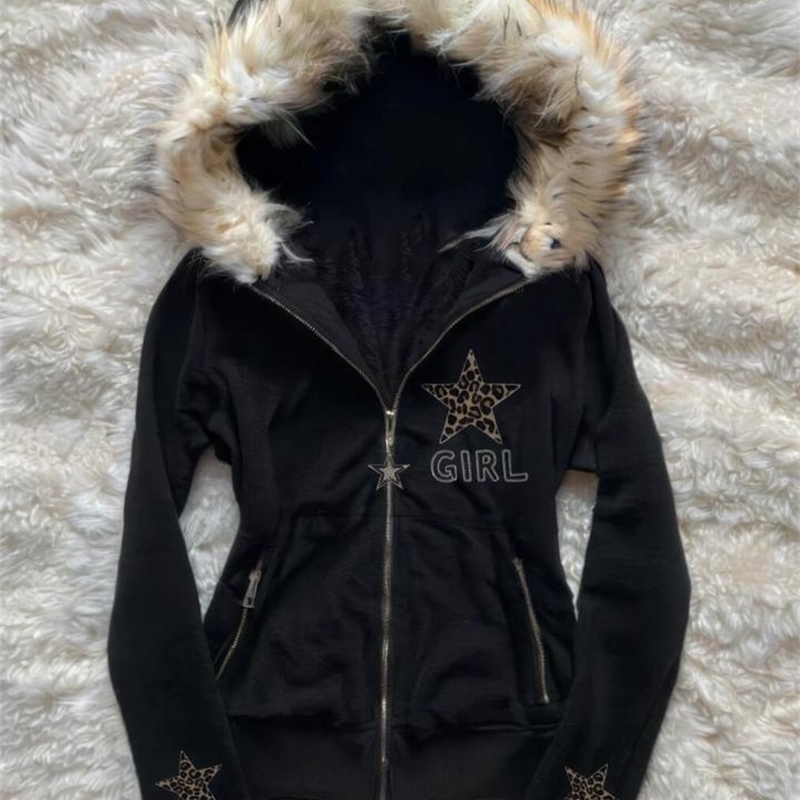 Autumn and winter retro black star leopard pattern women fur collar zipper hoodie fashionable street Harajuku waist jacket 250904