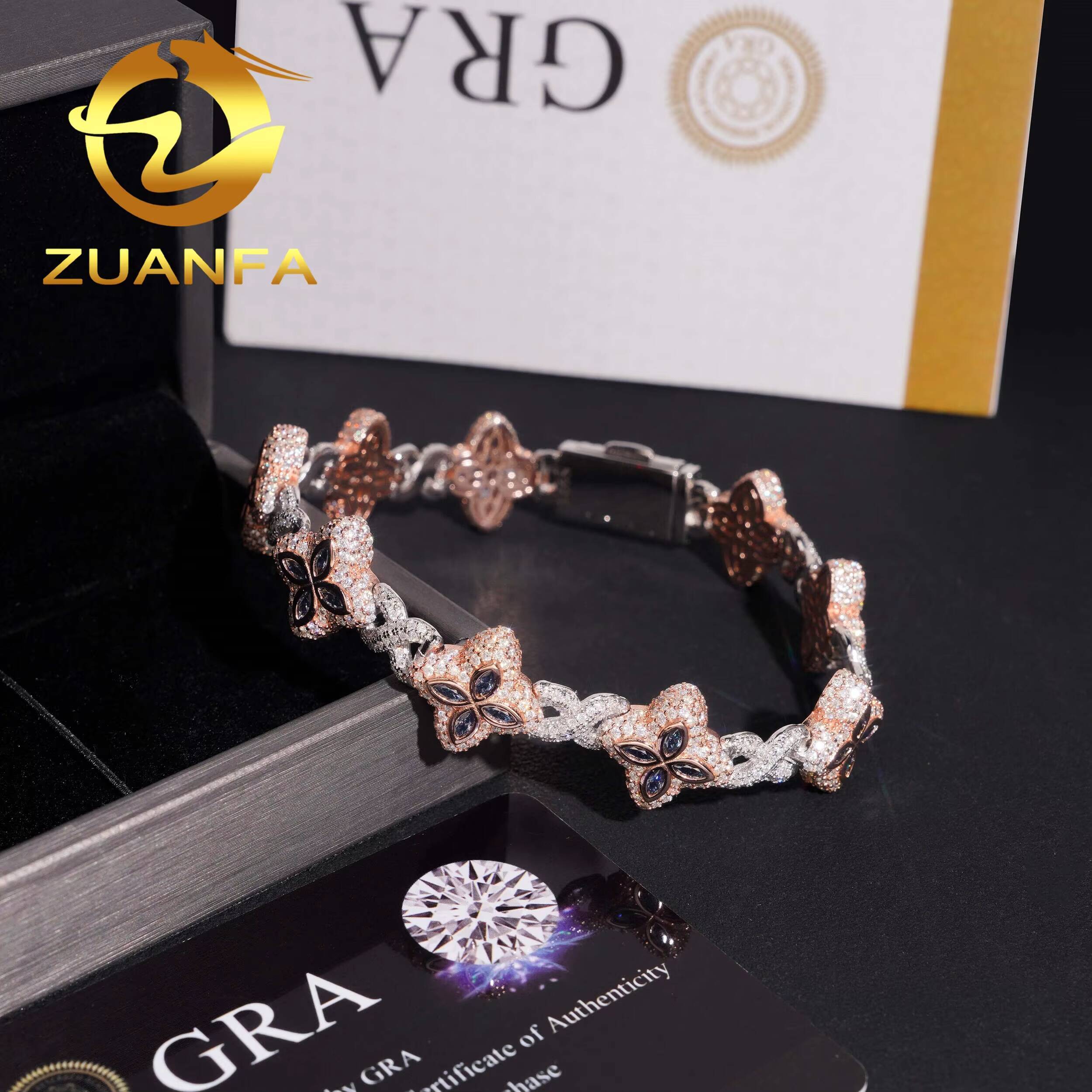 Hot Sale Pass Diamond Tester Hip Hop 15mm Two Tone Clover Flower 925 Silver Moissanite Bracelet