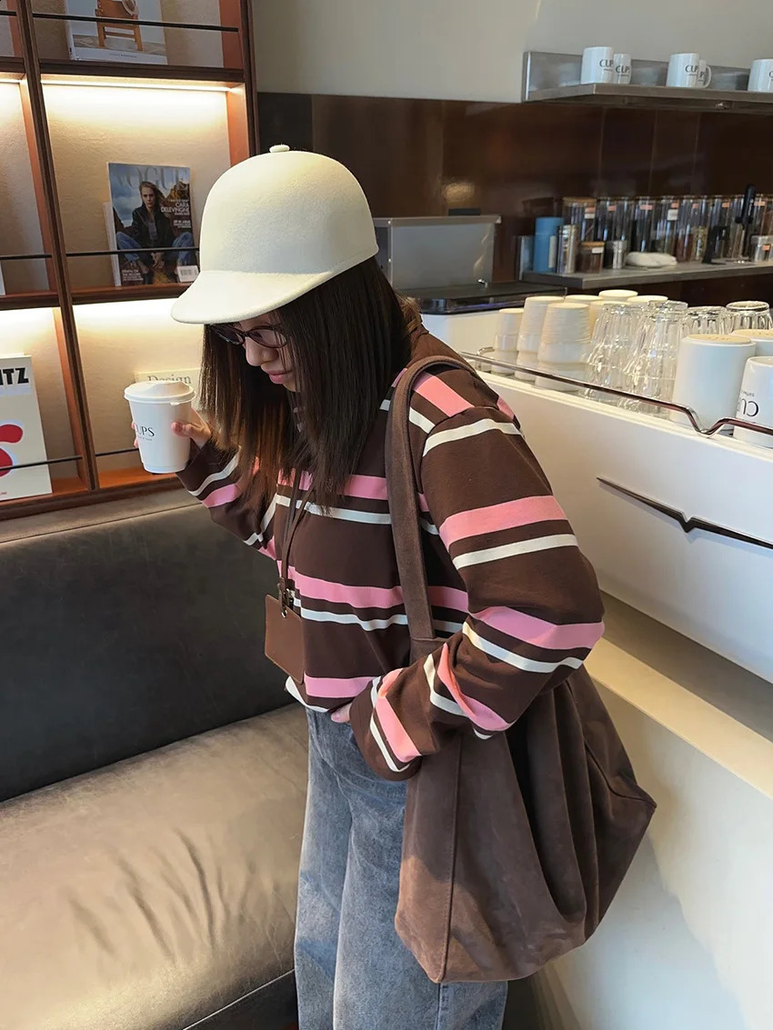 Striped Tshirts Women Casual Polo Collar Long Sleeve Loose Pullovers Female Autumn Chic Street Shirts Tops Clothes 250905