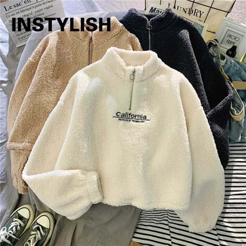 Women Stand Neck Fleece Cropped Hoodies Autumn Letter Embroidery Long Sleeve Drawstring Sweatshirt Elegant Plush Velvet Tops Z250905