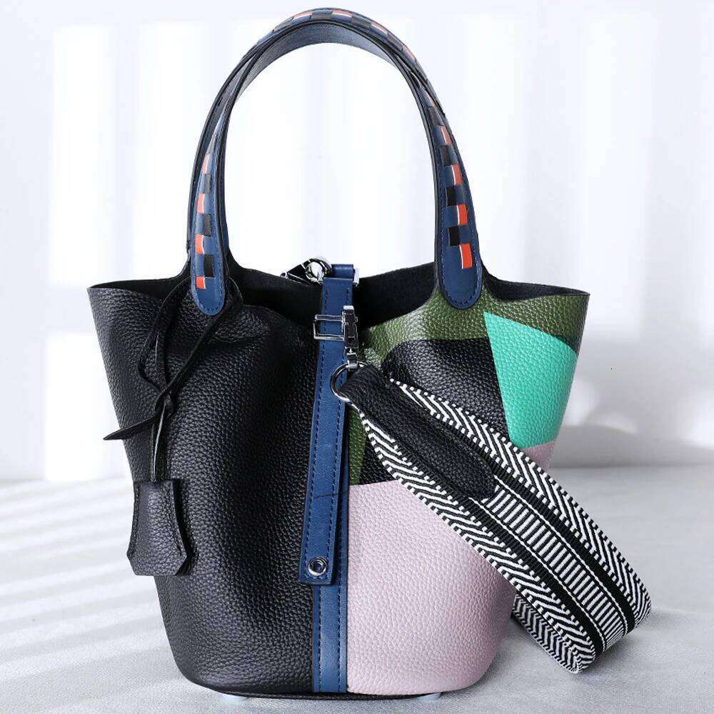 Various Genuine Leather Fashion Women's Handbag Vegetable Basket Style Portable Women Bucket Bag with Lock