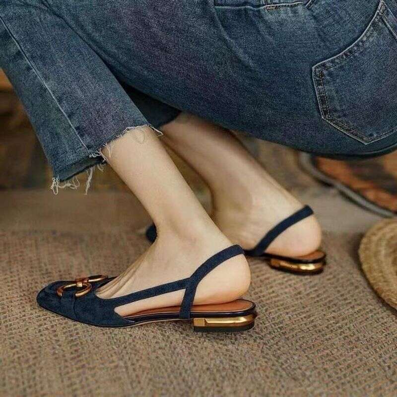 Women's 2024 Summer New Back Air Single Shoes French Low Heel Breathable Large Size Sandals With Horse Titles Buckle