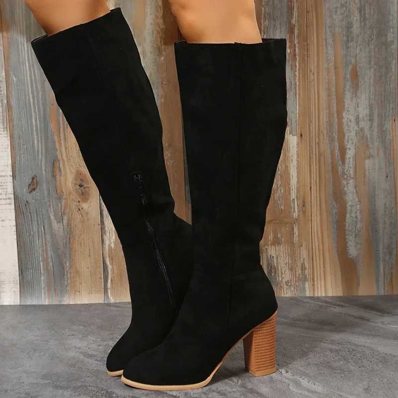 Boots Women Cowboy Heels Western Chunky Shoes Leather Knee High Long Elegant Designer Plus Size New Rock Pole Dance Brown L250905