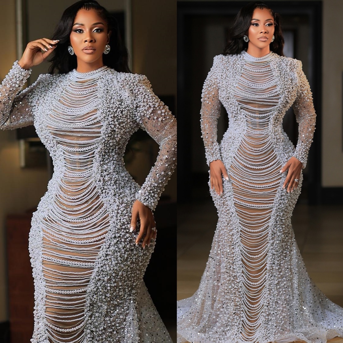 Aso Ebi Ivory Mermaid Prom Dresses 2025 Pearls Beadings Illusion Full Sleeves Evening Formal Party Second Birthday Engagement Dress Gowns robe de mari