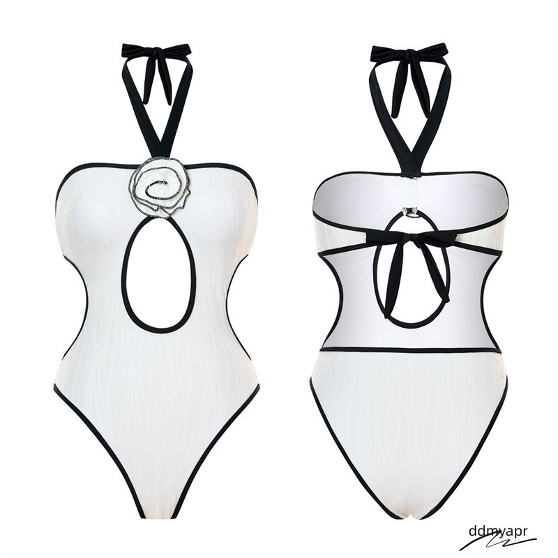 Elegant Halter One Piece Swimsuit, Cut - Rose Embellished Bathing Suit, Black & White Contrast Swimwear Hollow Ddmydec Out Monokini Beachwear