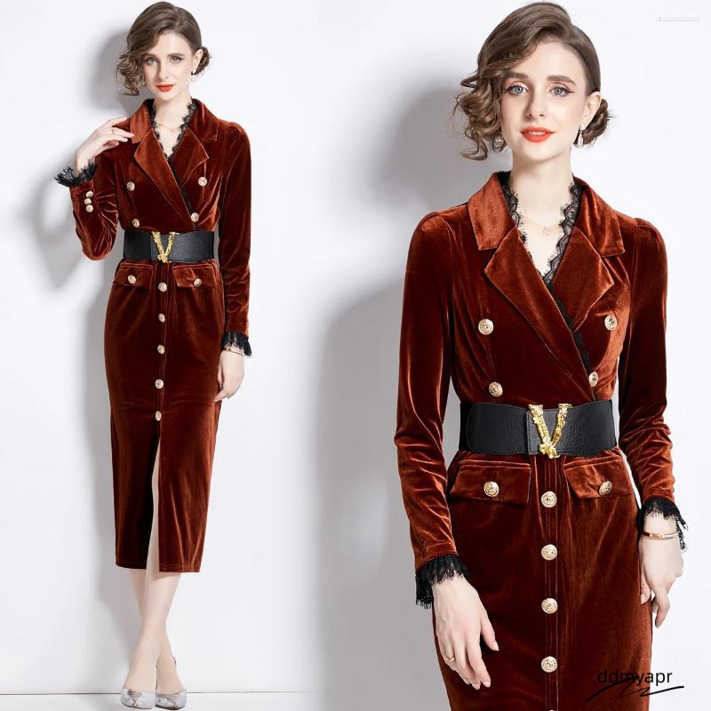 Casual Dresses Autumn Elegant V-Neck Veet Dress Women Long Sleeve Fashion Metre Buttons Split Sheath ddmyday Bodycon Office Party Pencil Vestidos