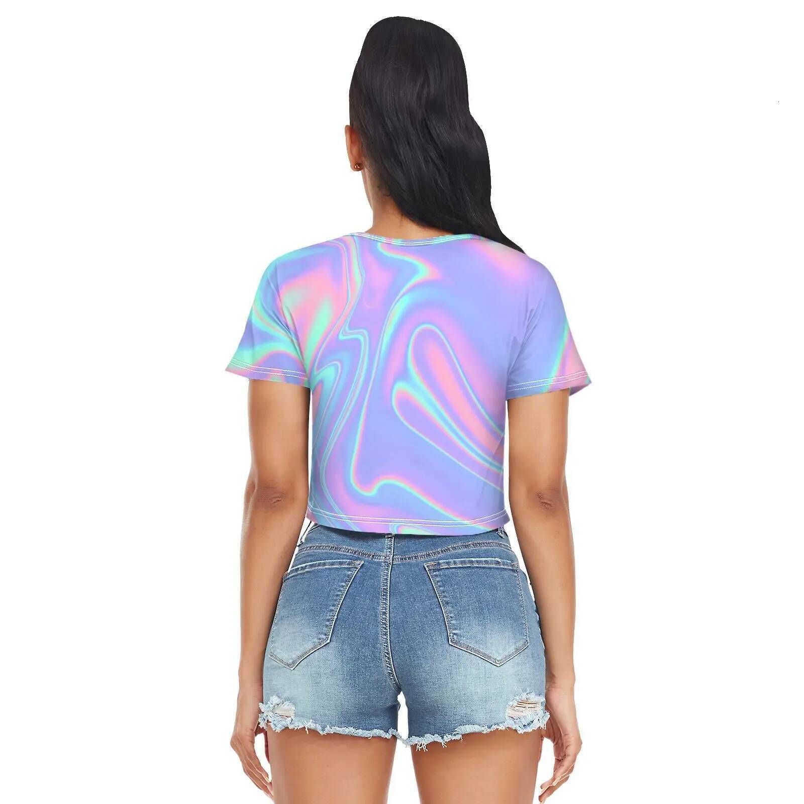Open Navel High Waist Short Sleeve T-shirt Rainbow Holographic Swirl Tie Dye Round Neck Pullover Summer For sexy women