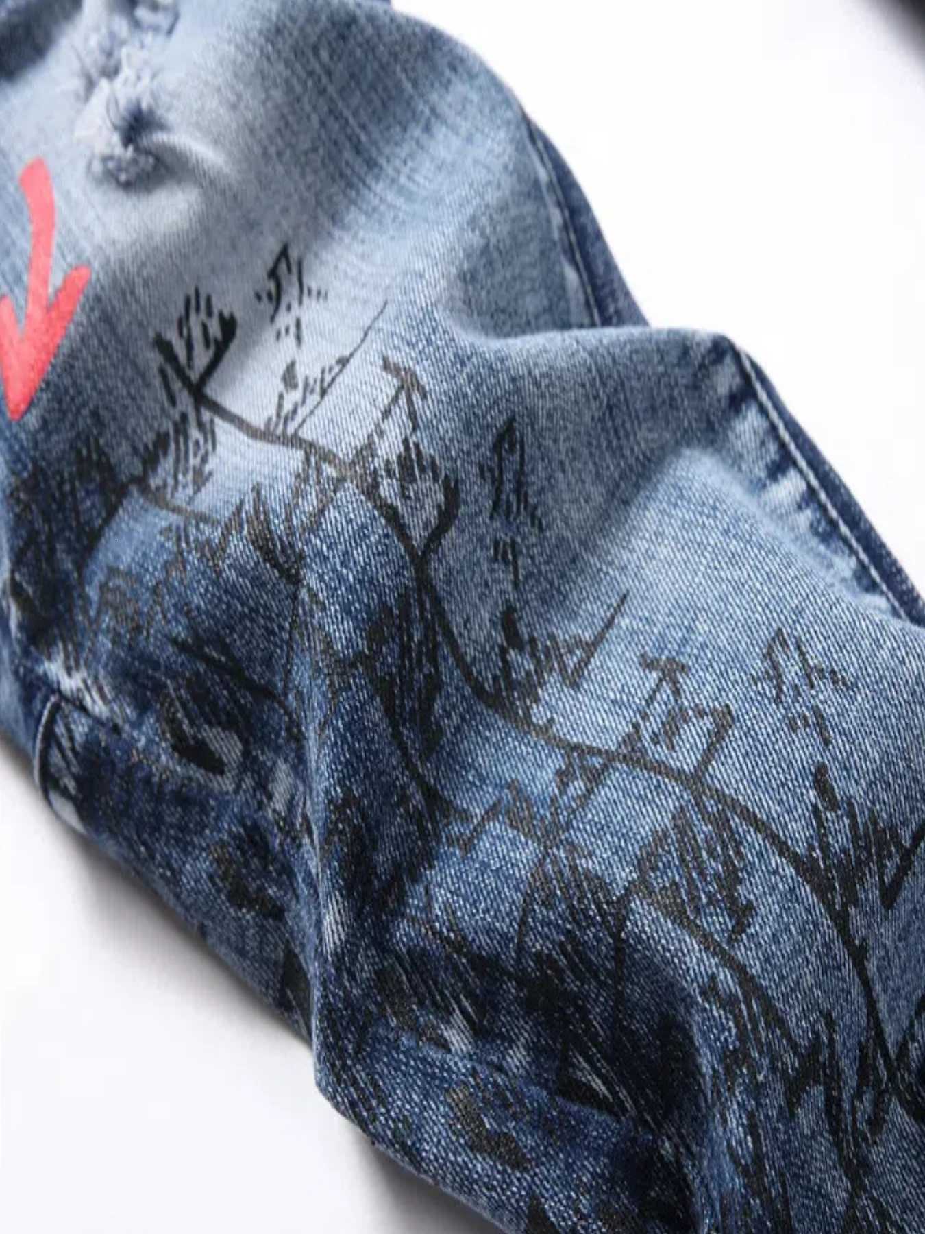 Mens Ripped Letter Print Stretch Small Feet Straight Slim Patchwork Jeans Comfortable Skinny Bike Jeans W250905