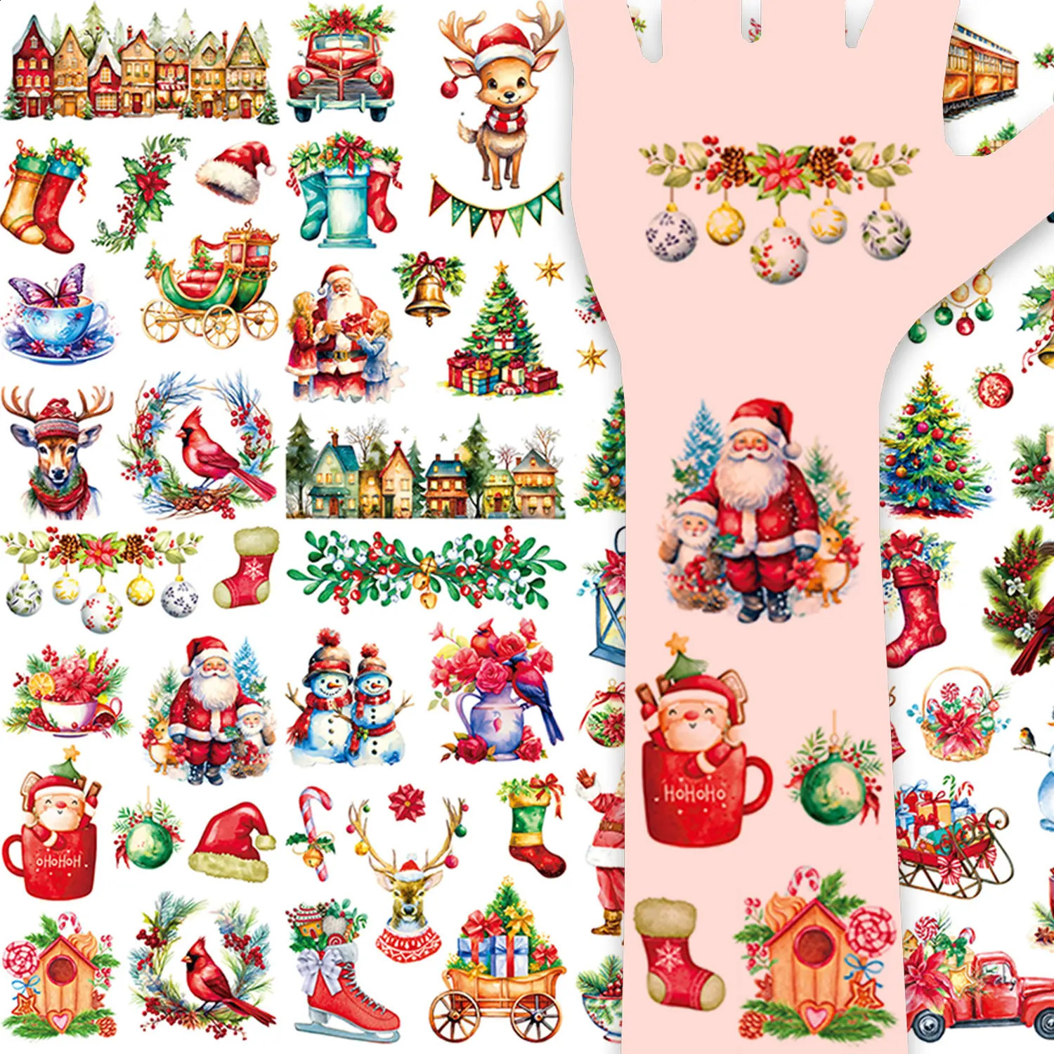10 RetroStyle Christmas Series Pattern Temporary Tattoo Stickers 92 Cartoon Santas Snowmen Stockings Decoration Patterns Waterpr 250825