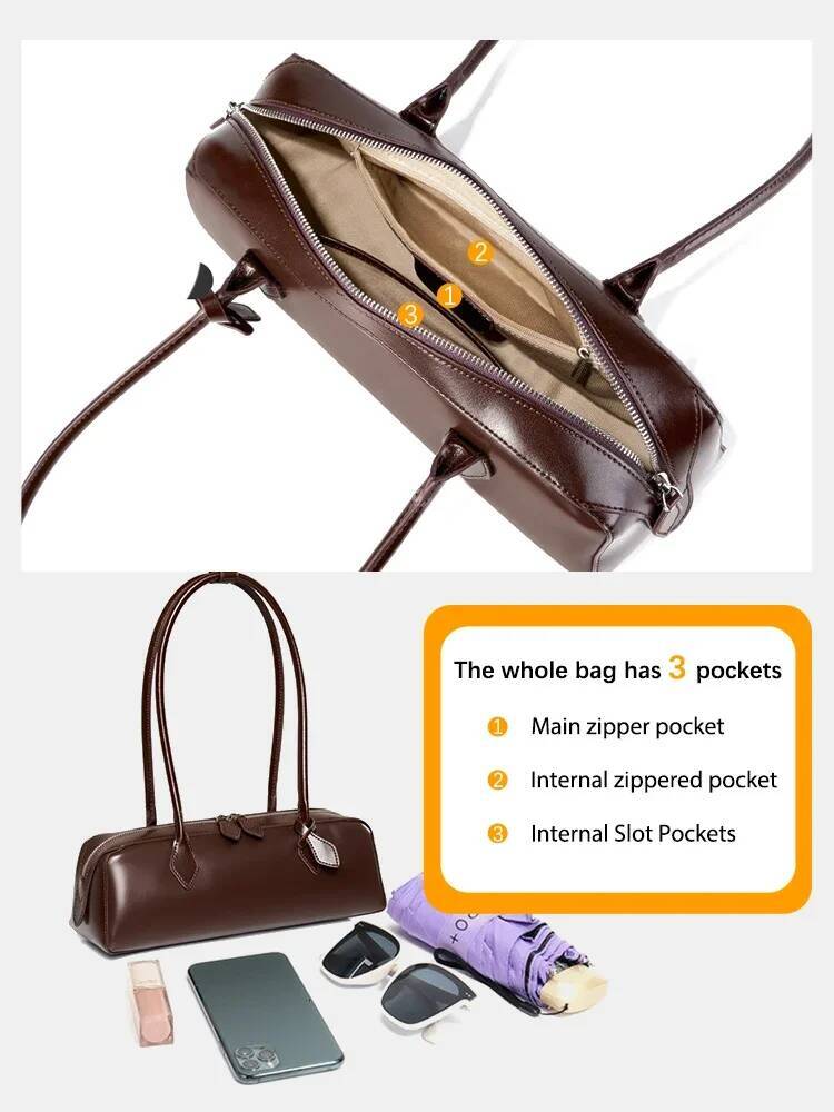 Zency Designer Underarm Handbag Cowhide Leather Shoulder Bag Ladies Satchel French Style