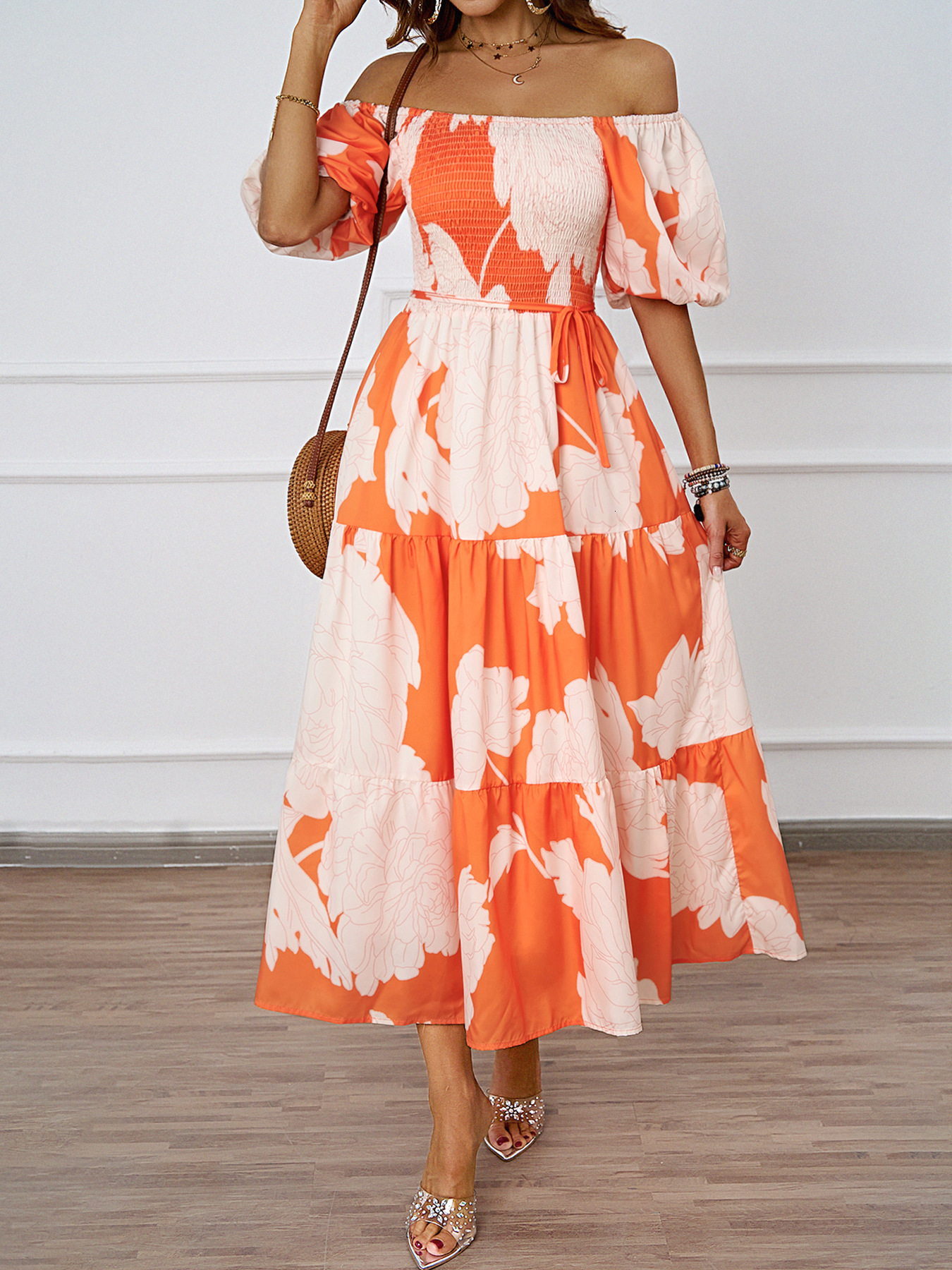 Summer New Elegant Printed OffShoulder Puff Sleeve Fashion Flared Dress