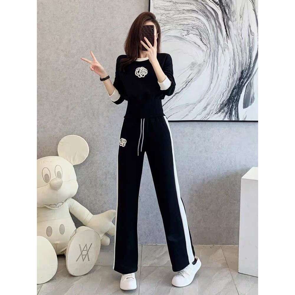 Women's Knitted Sets Tracksuit Pants Suits Autumn New Long Sleeve Flower Pullover Sweater + Wide Leg Pants Casual Two-piece Sets
