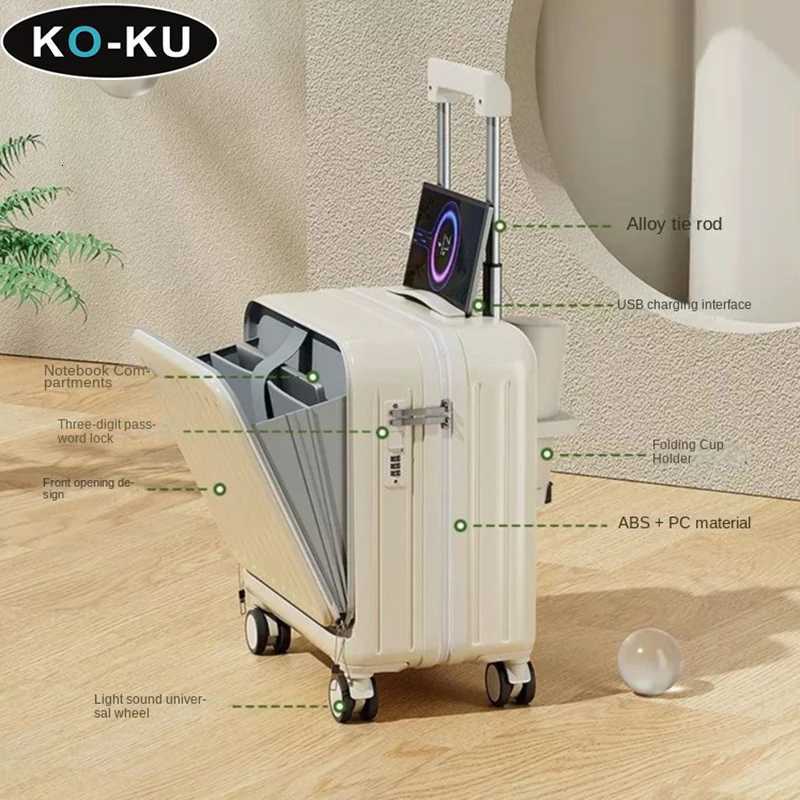 KOKU Carryon Suitcase Front Opening 18 Inch Boarding Box Cup Holder USB Interface Trolley Case Password Luggage 20 inch Z250905