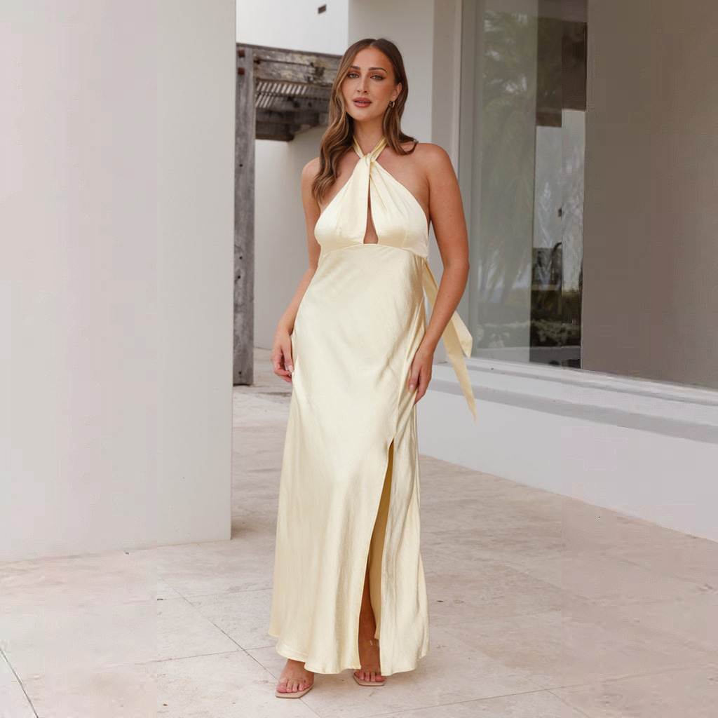 2025 Spring Summer New Womens Fashion Sexy WaistCinching Halter Neck Slit Long Satin Sleeveless Dress