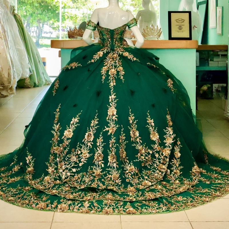 Green Shiny Quinceanera Dresses Off Shoulder Ball Gown Sweet 16 Dress Applique Flower Bow Beads Bow Tull Birthday Party Vestidos 15 De Anos