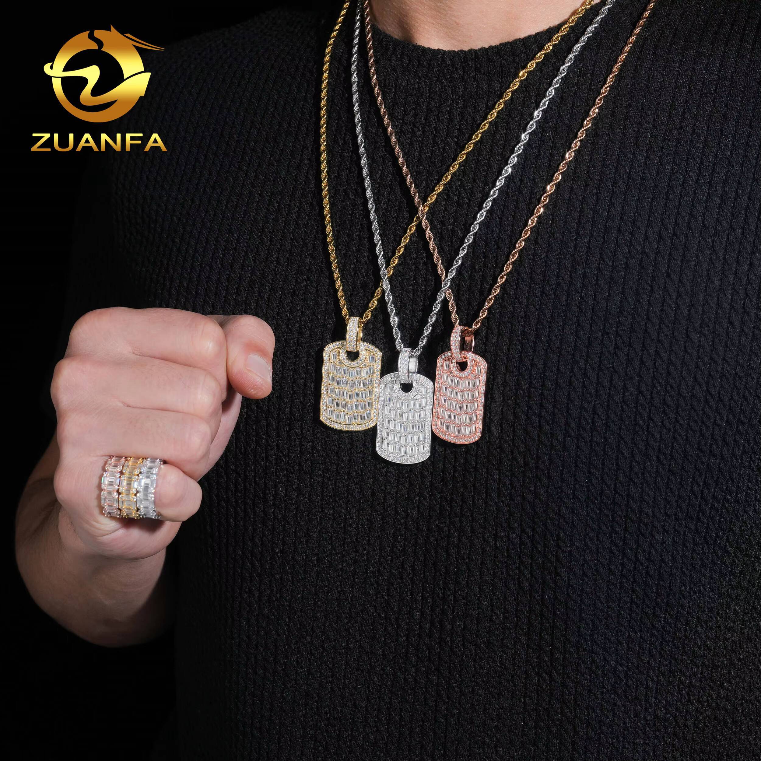 Drop Shipping Luxury Jewelry Hip Hop Pendant 925 Silver Vvs Baguette Moissanite Diamond Tag Pendant Band Ring Set With GRA