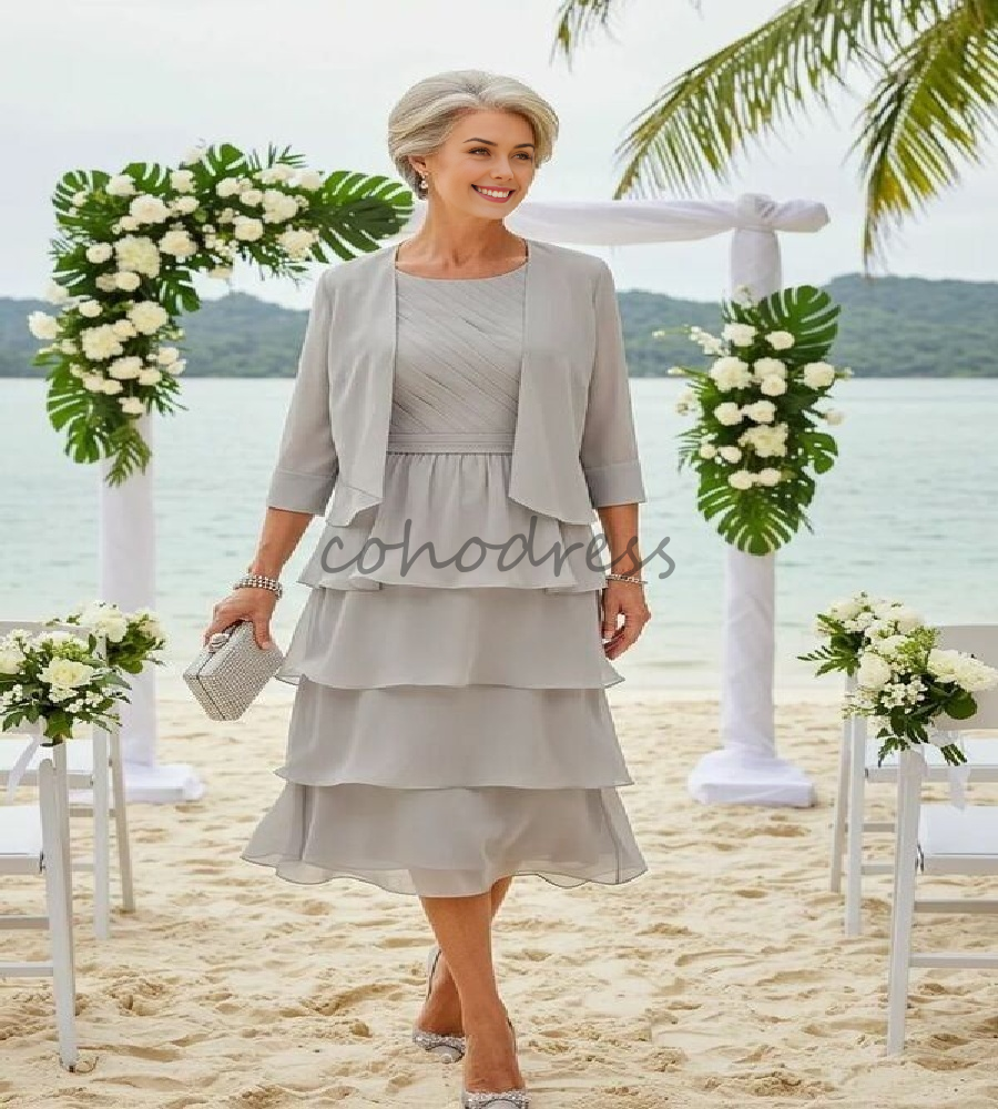 Summber Beach Gray Mother Of The Bride Dress With Jacket Two Piece Tiered Chiffon Wedding Guest Dress Elegant Mom Party Birthday Dress 50s Outdoor For