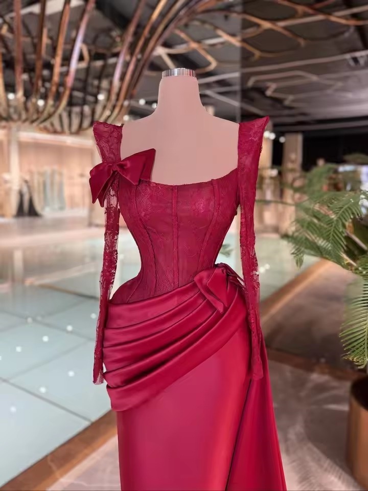 Simple Evening Dresses Lace Long Sleeves Prom Dress Detachable Train Mermaid Slim Bow Princess Party Gowns Vestidos De Noche Plus Size