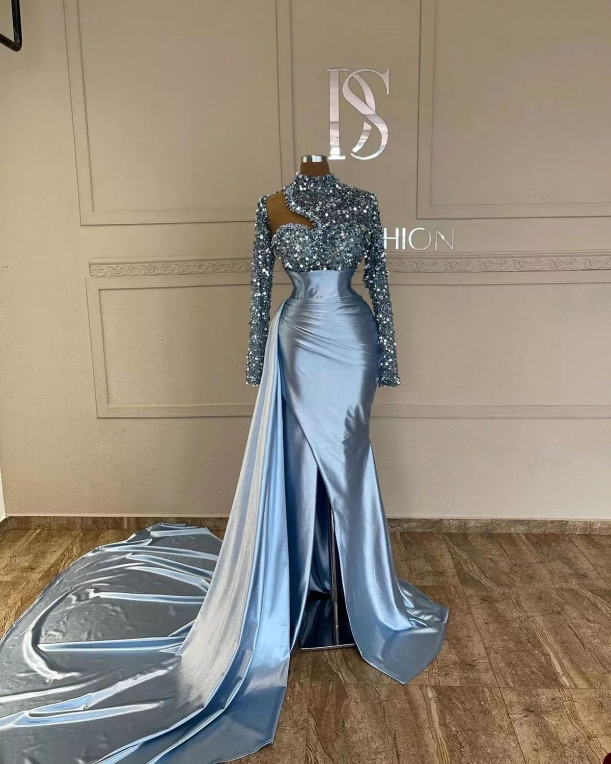 Shiny Sequined Mermaid Evening Dresses High Neck Pearls Beading Full Sleeve Party Gowns Custom Made Robe De Soiree F11 B0312