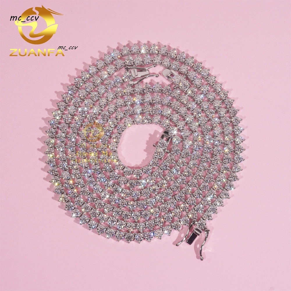 Stock Elegant Style Female 3 Claws Prong Setting 925 Sterling Silver Hip Hop Jewelry Moissanite VVS Diamond Cluster Tennis Chain